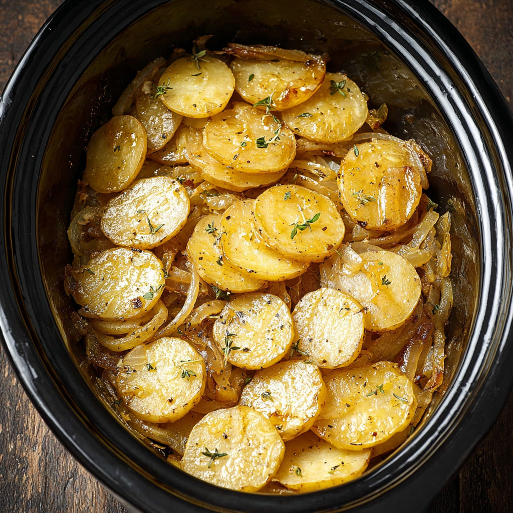 A potato and onion bake in a slow cooker.