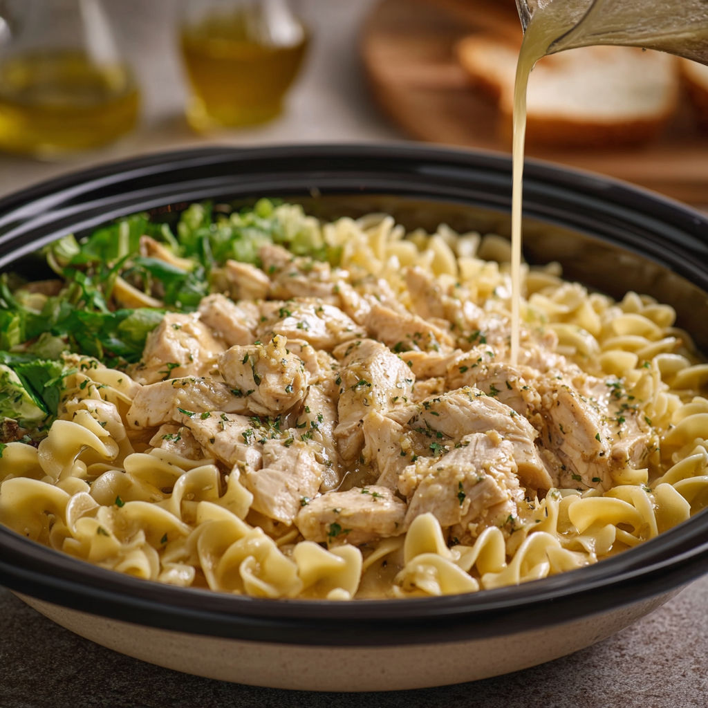 A bowl of chicken noodle soup with garlic butter drizzled on top.