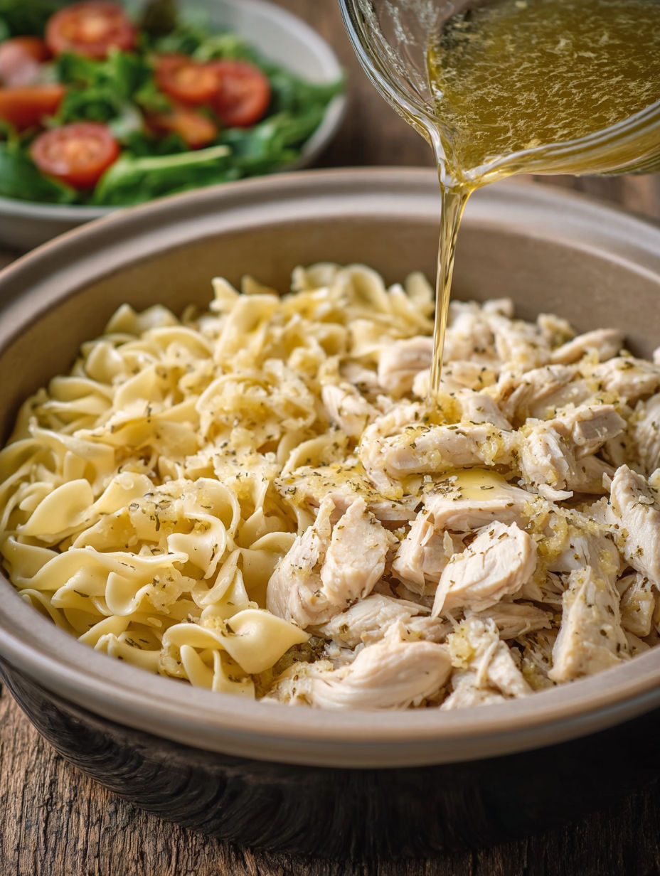 A bowl of noodles with chicken and garlic butter.