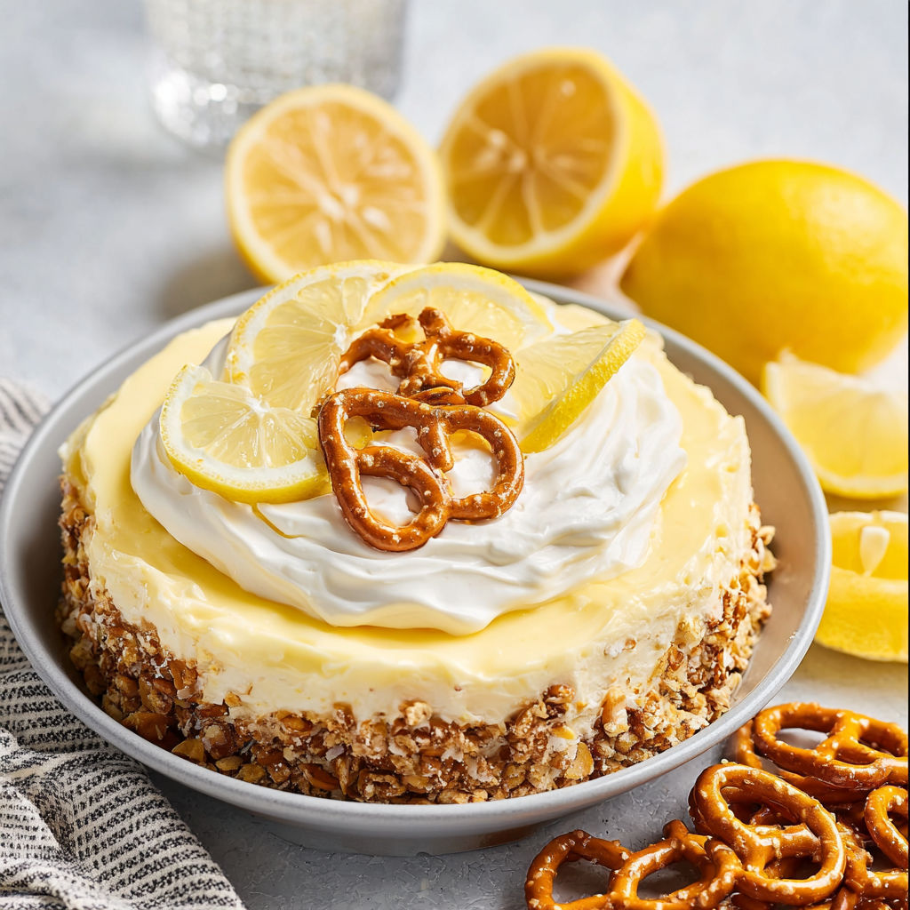 A slice of lemon pretzel salad with a lemon wedge on top.