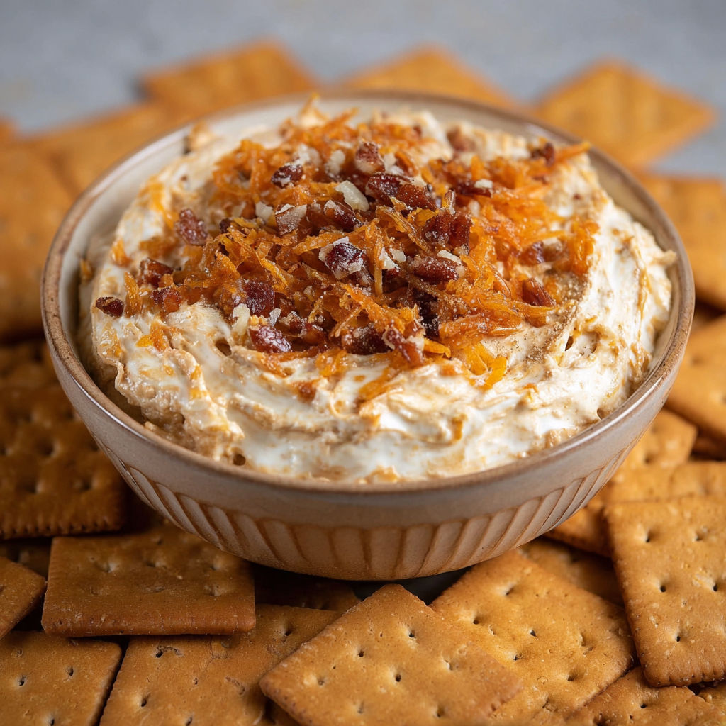 A bowl of carrot cake dip with crackers.