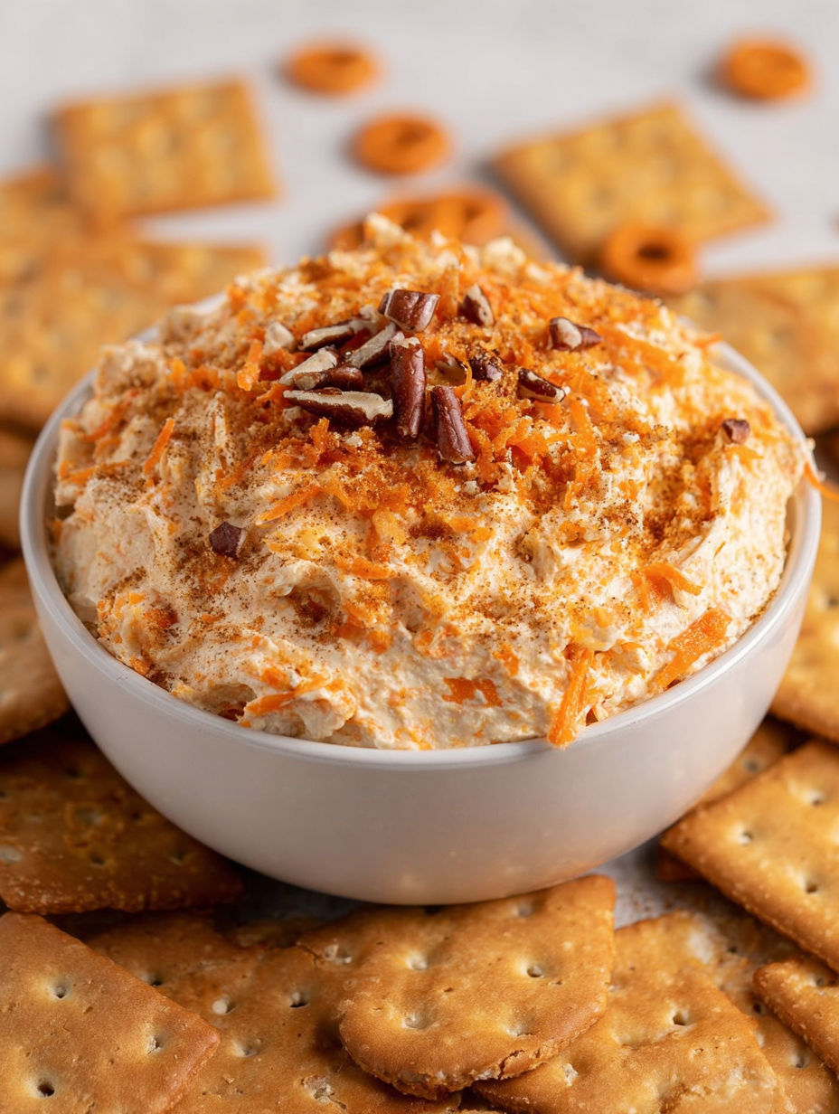 A bowl of carrot cake dip with crackers.