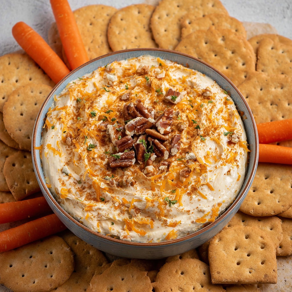 A bowl of carrot cake dip with crackers.