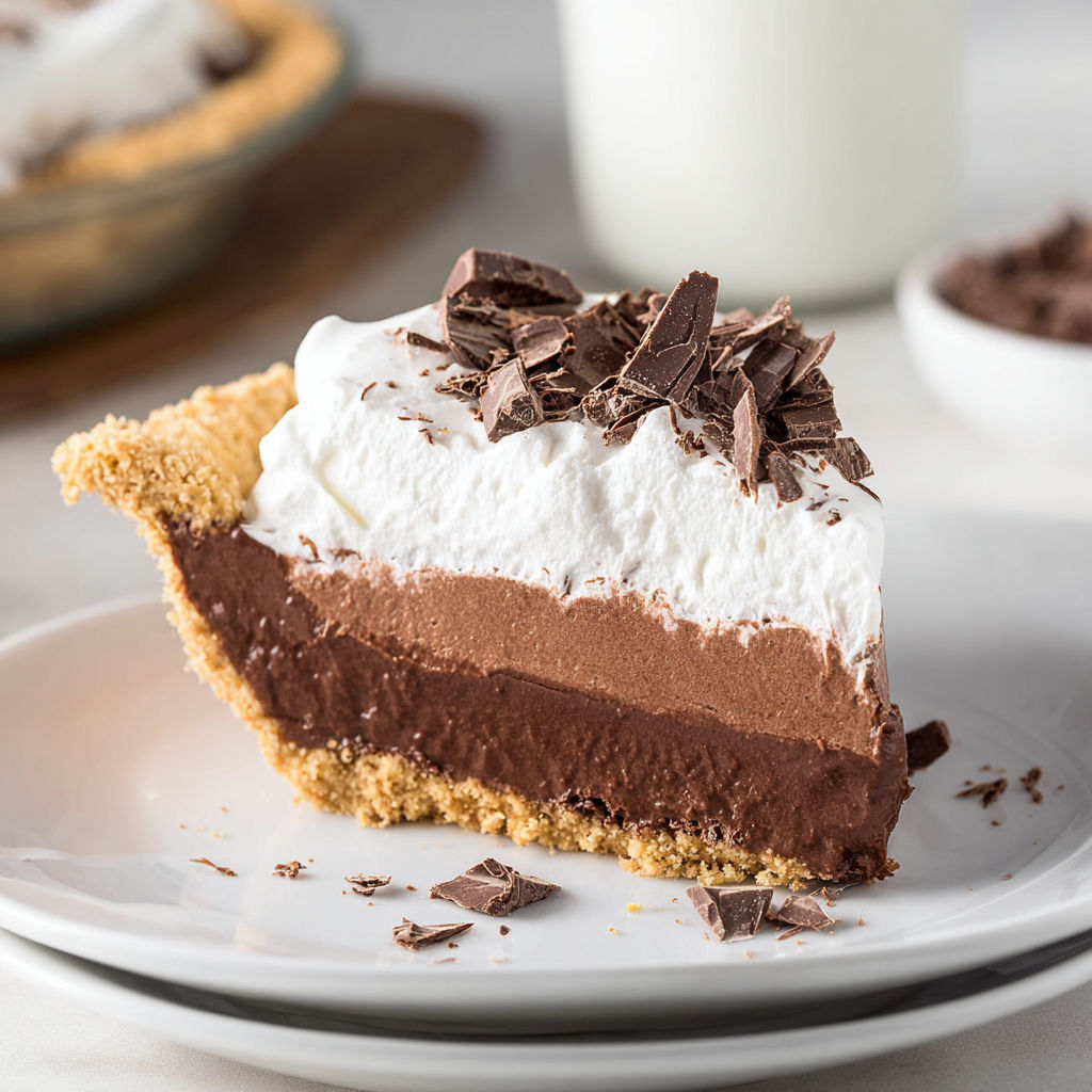 A slice of chocolate pudding pie.