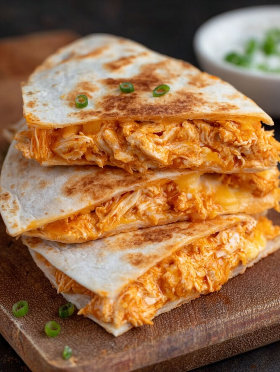 A stack of three buffalo chicken quesadillas.