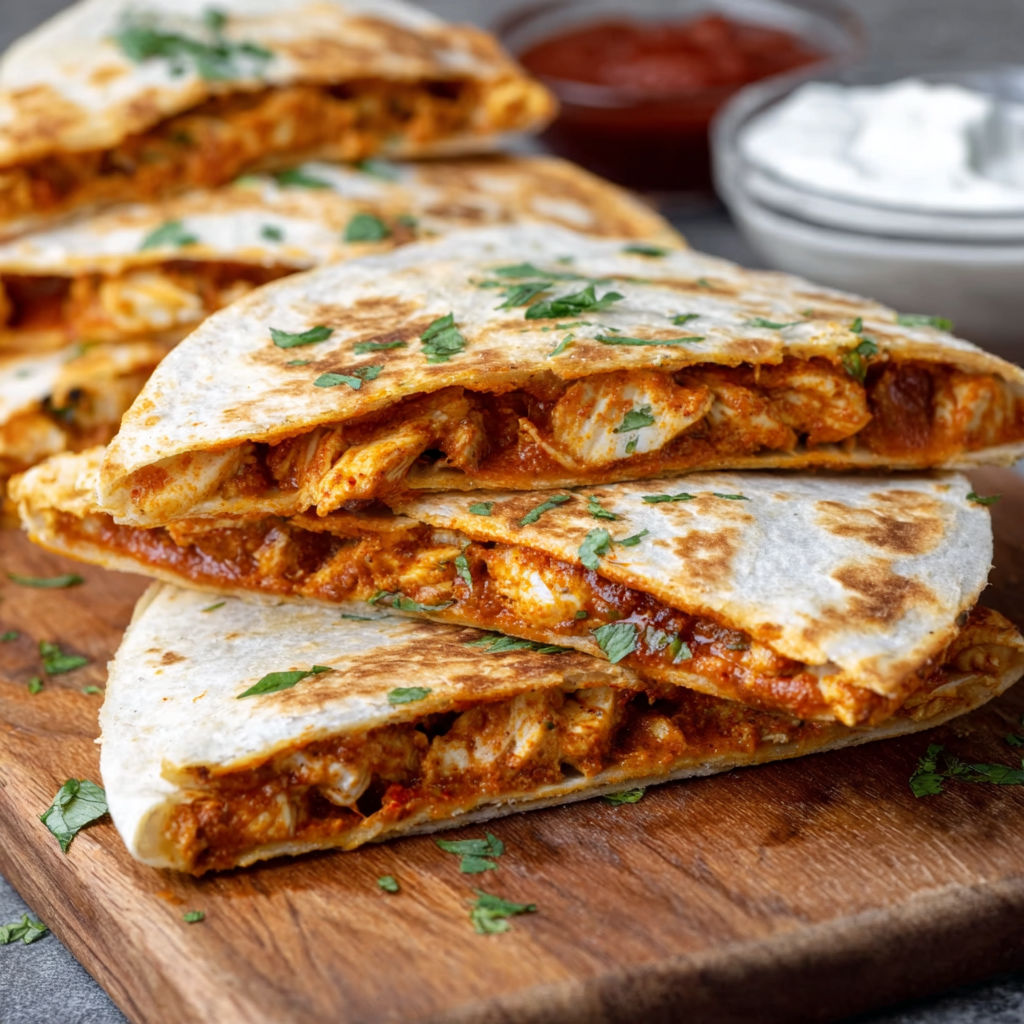 A cheesy chicken tikka quesadilla on a wooden cutting board.