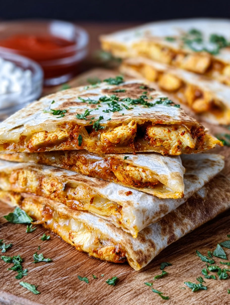 A cheesy chicken tikka quesadilla.