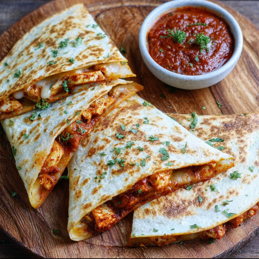 A cheesy chicken tikka quesadilla with a side of marinara sauce.