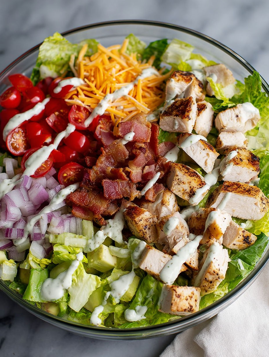 A bowl of grilled chicken bacon ranch salad.
