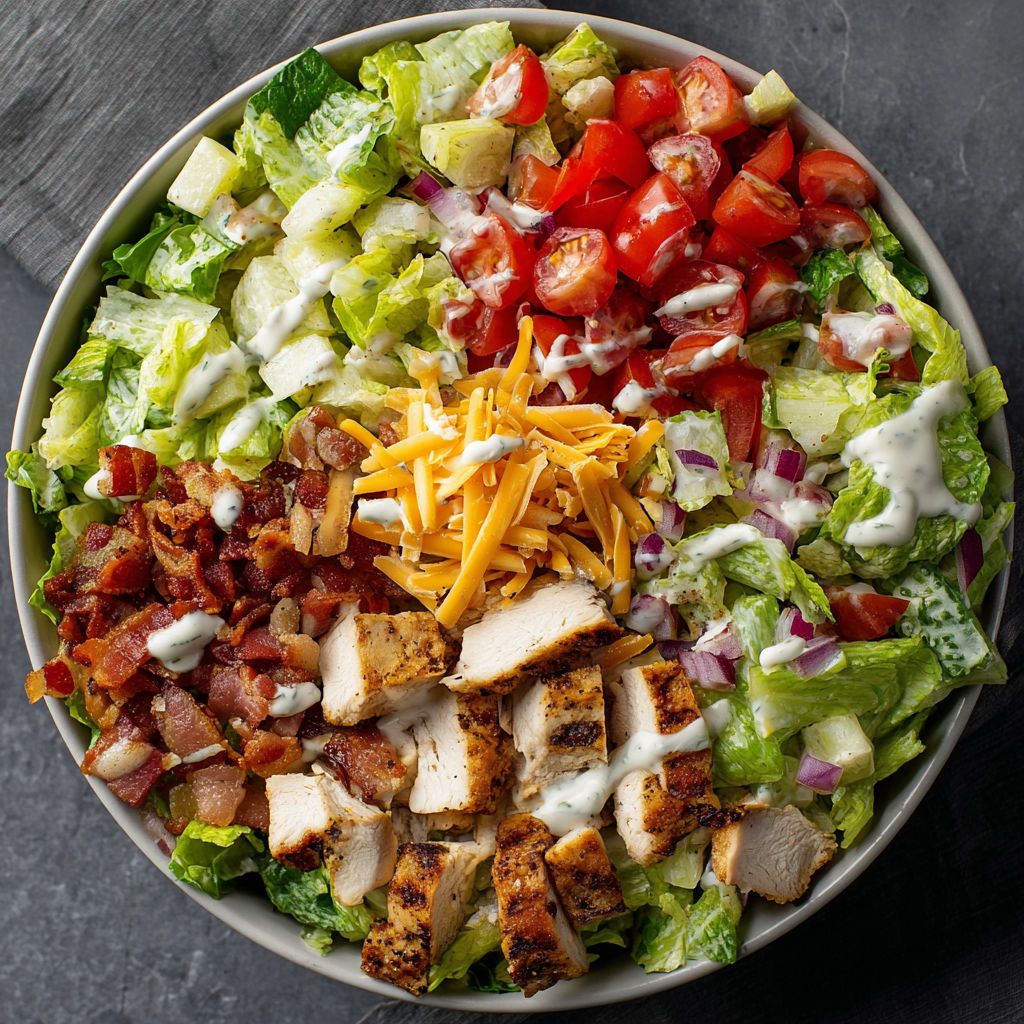 A bowl of grilled chicken bacon ranch salad.