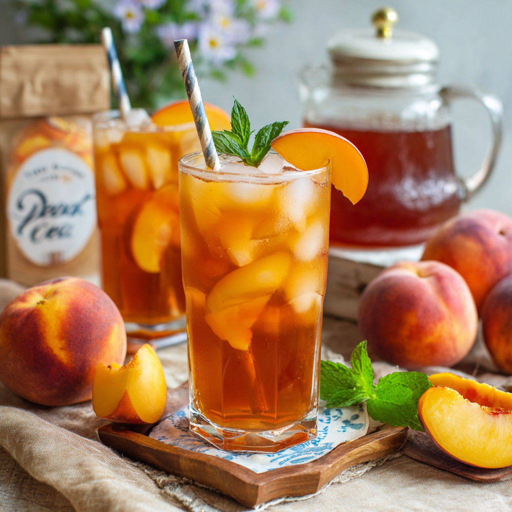 A glass of iced tea with peaches in it.