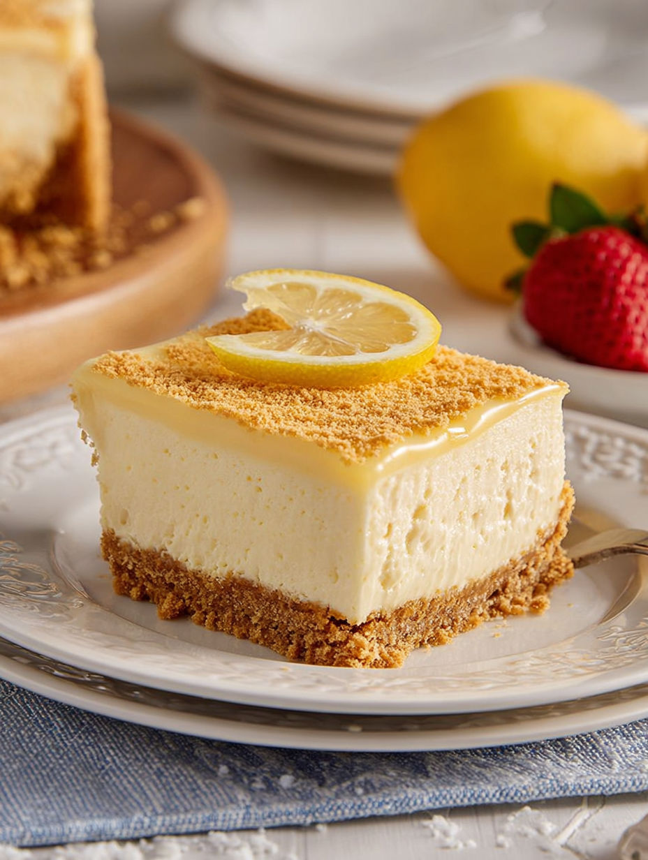 A slice of cheesecake with a lemon wedge on top.