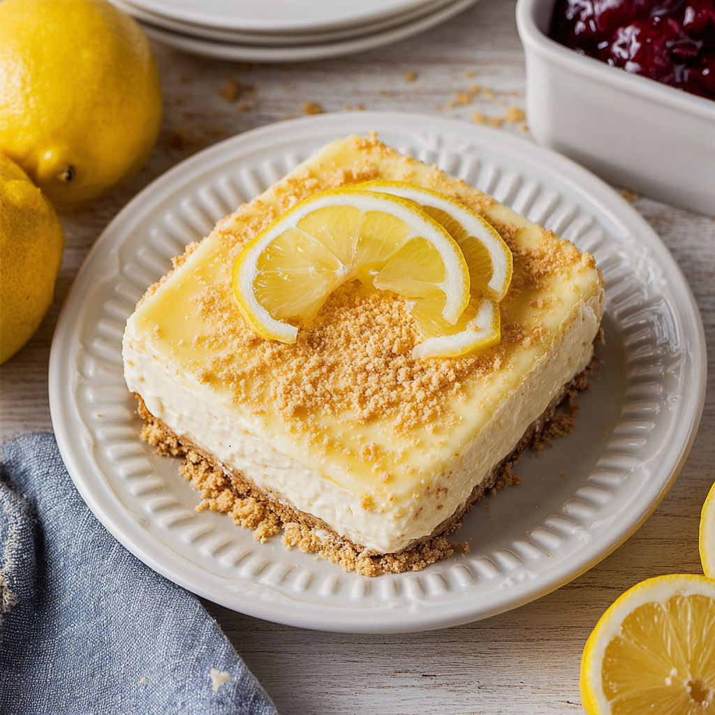 A slice of cheesecake with lemon wedges on top.