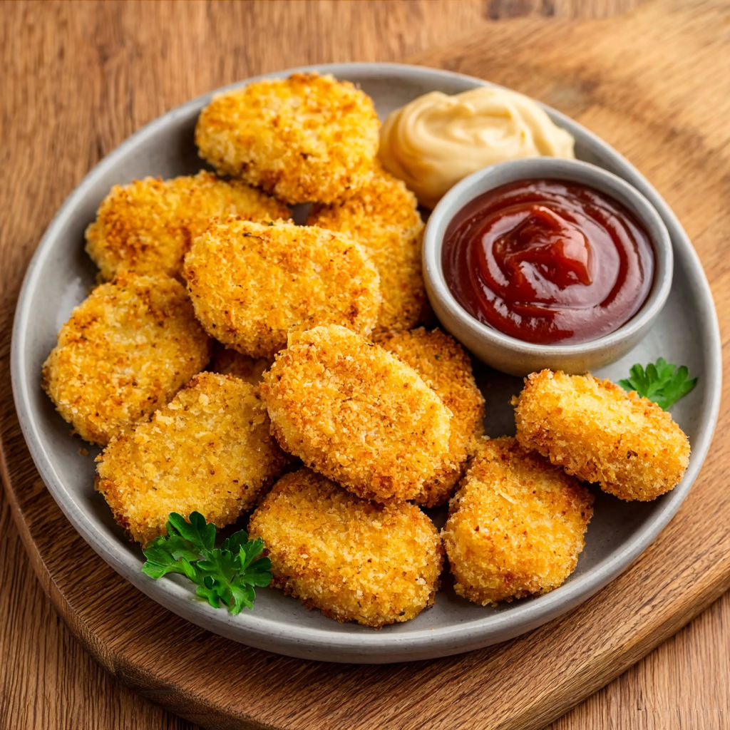 A plate of chicken nuggets with a dipping sauce.