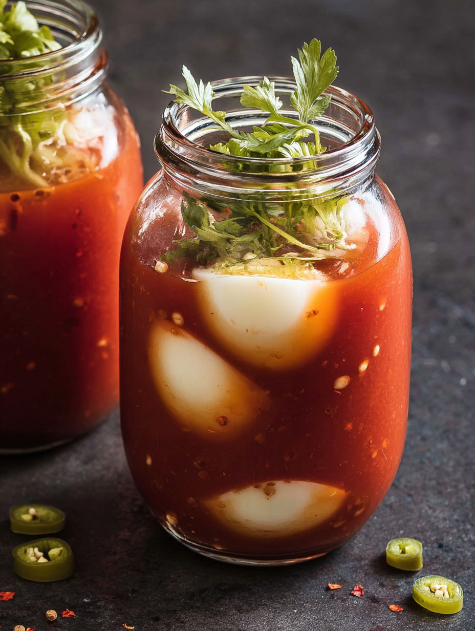 A jar of Bloody Mary Pickled Eggs.