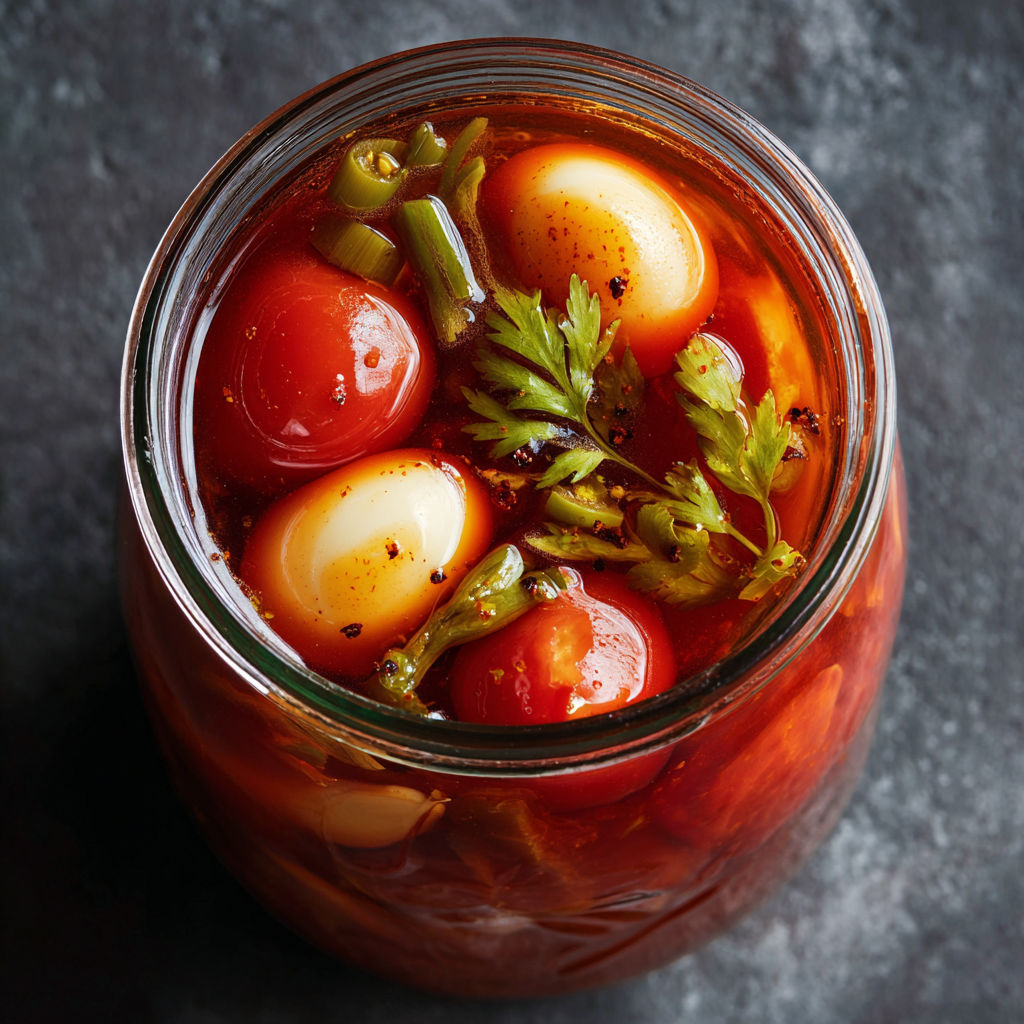 A jar of pickled eggs and vegetables.