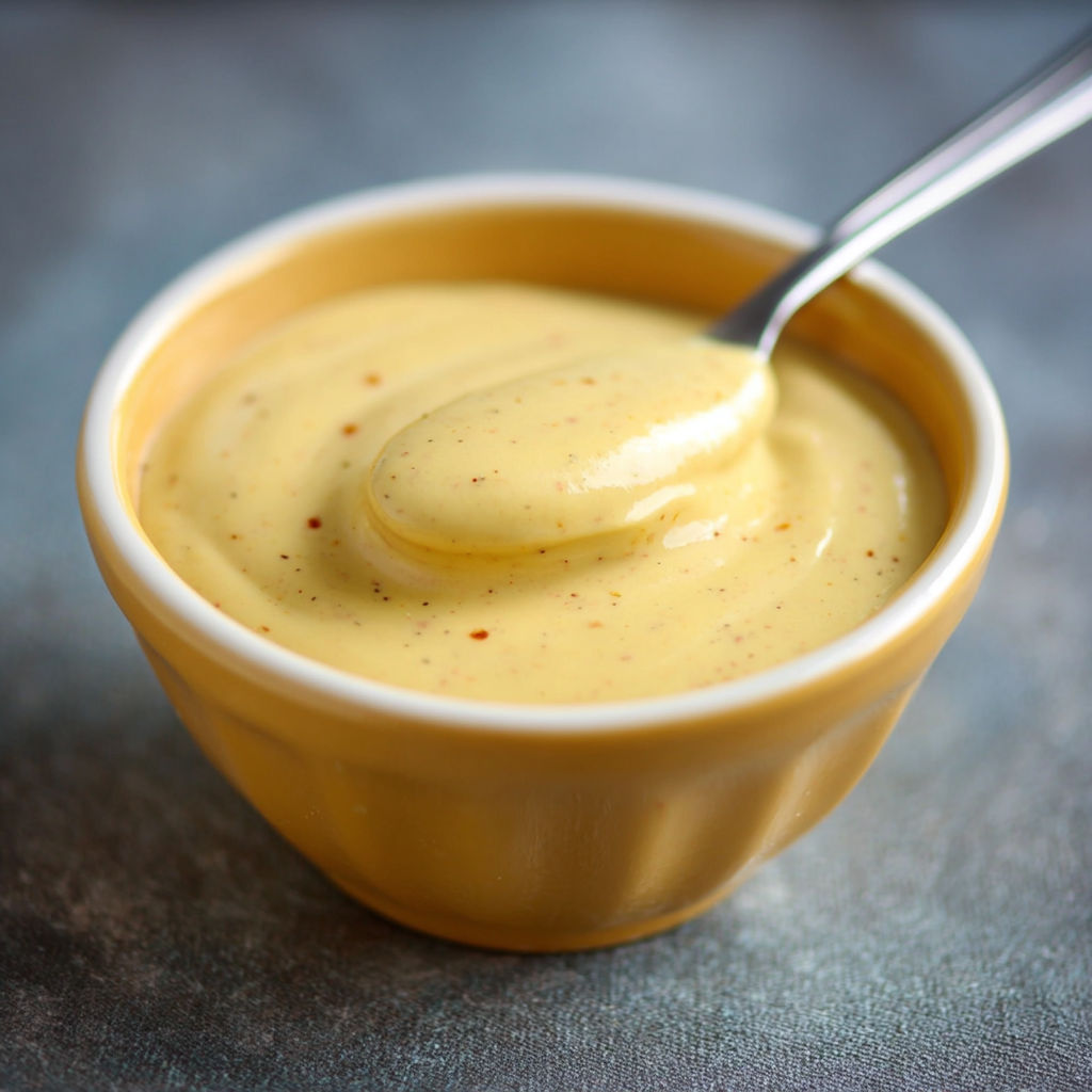 A yellow bowl of honey mustard sauce.