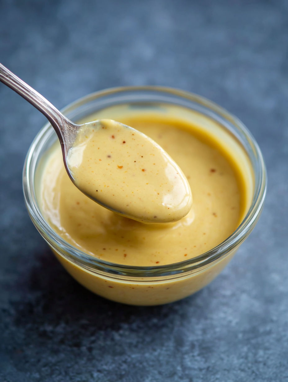 A spoon is in a glass of honey mustard sauce.