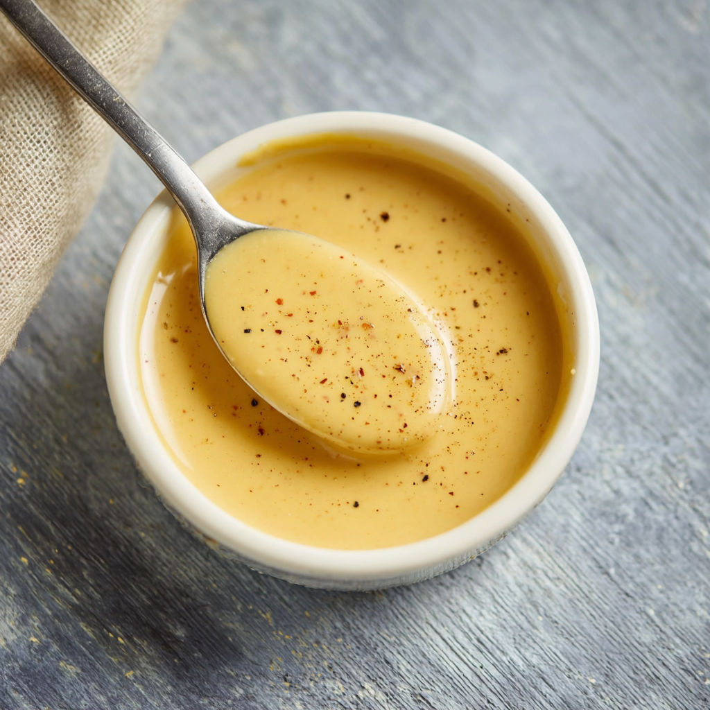 A spoon is in a bowl of honey mustard sauce.