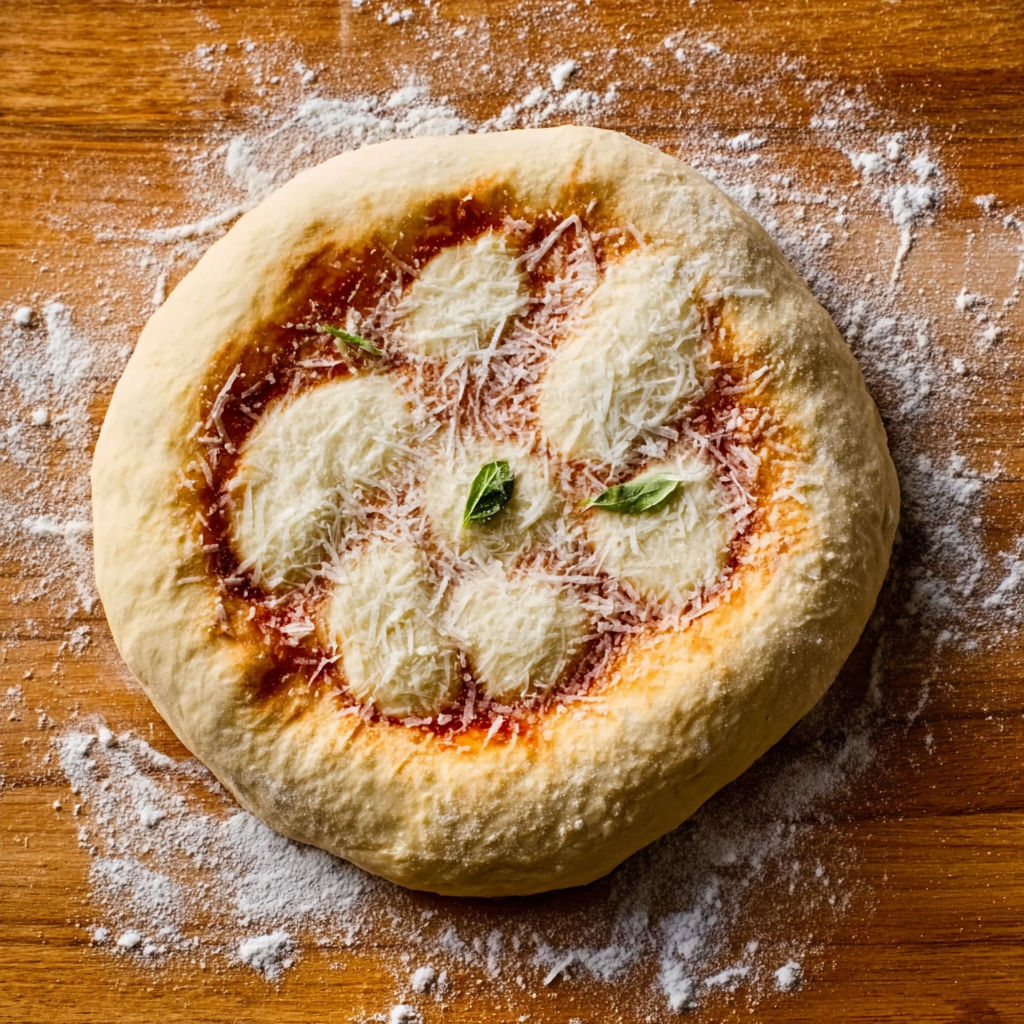 A homemade pizza dough with cheese and herbs.
