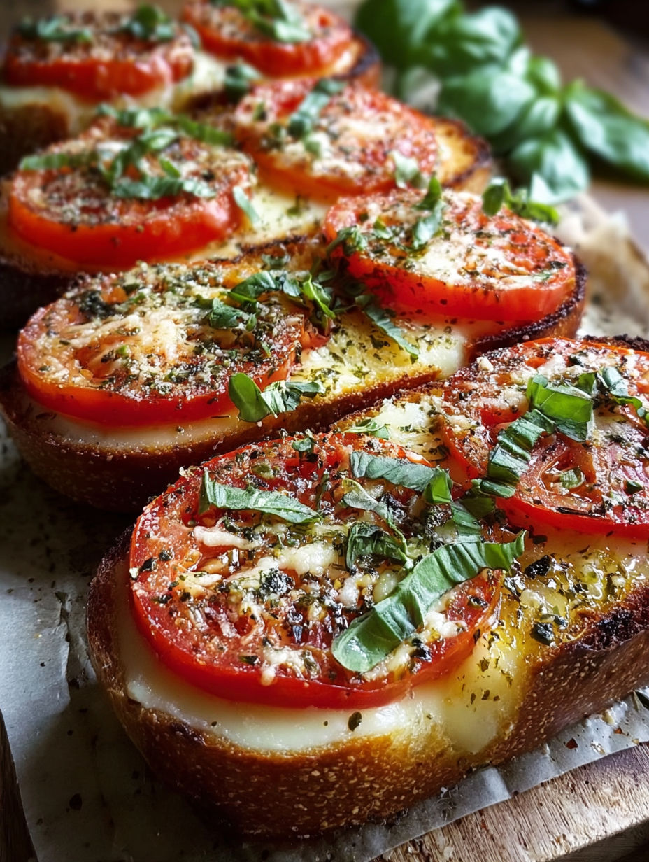 A slice of garlic bread with tomatoes and basil.