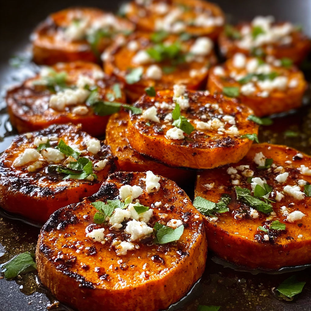 Roasted sweet potato rounds with honey and feta.