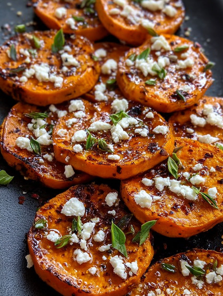 Roasted sweet potato rounds with honey and feta.