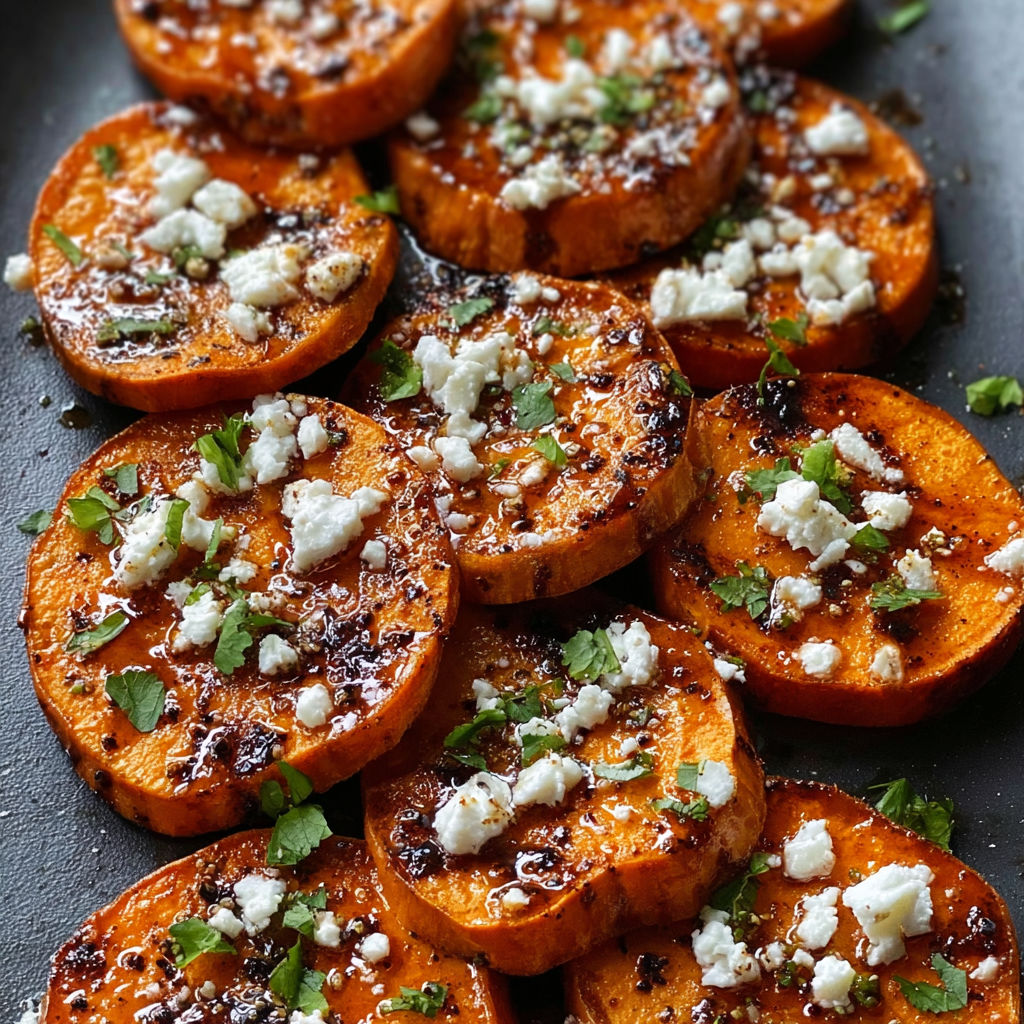 Roasted sweet potato rounds with honey and feta.