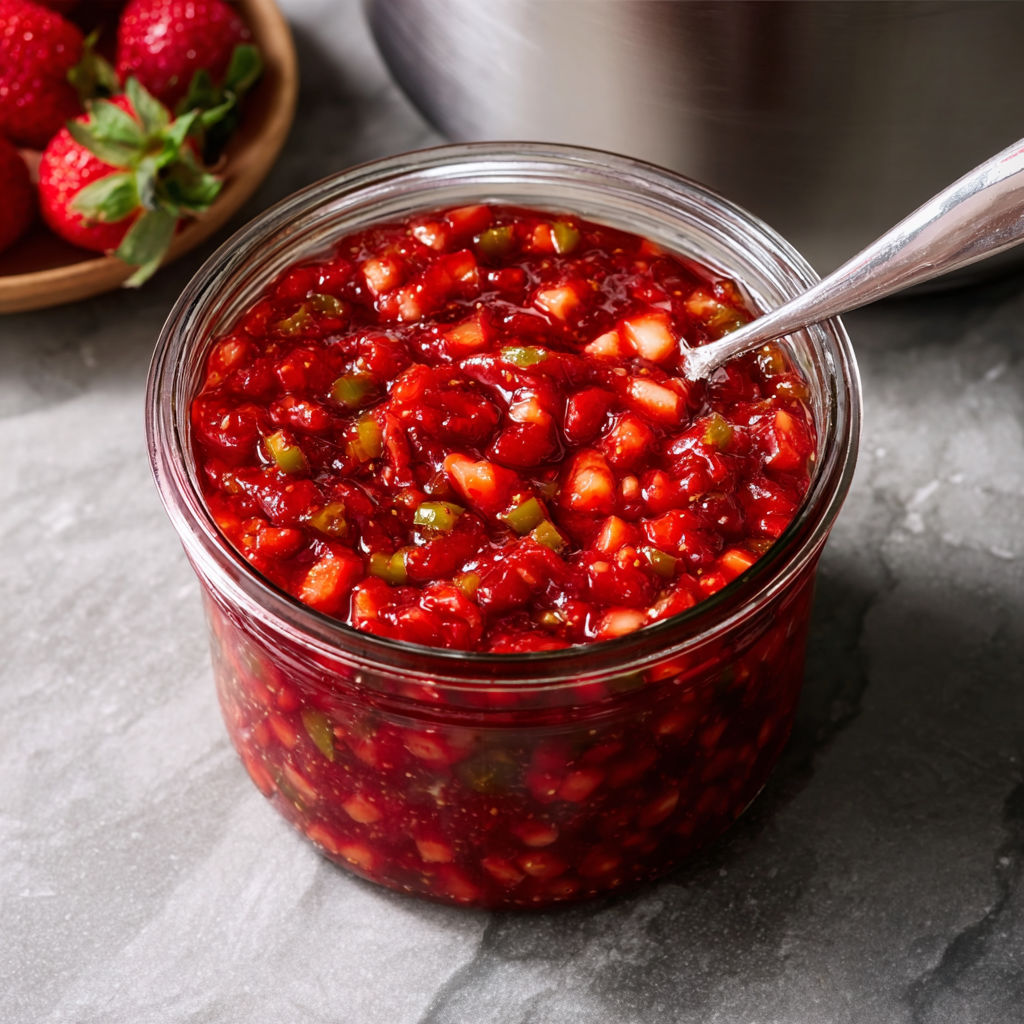 A jar of strawberry jalapeño jam.