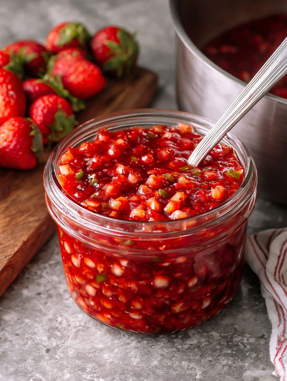 A jar of red jam with strawberries and jalapenos.