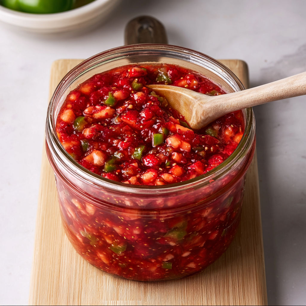 A jar of red jalapeno jam.