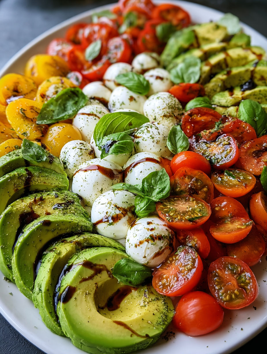 A colorful platter of cheesy avocado caprese.