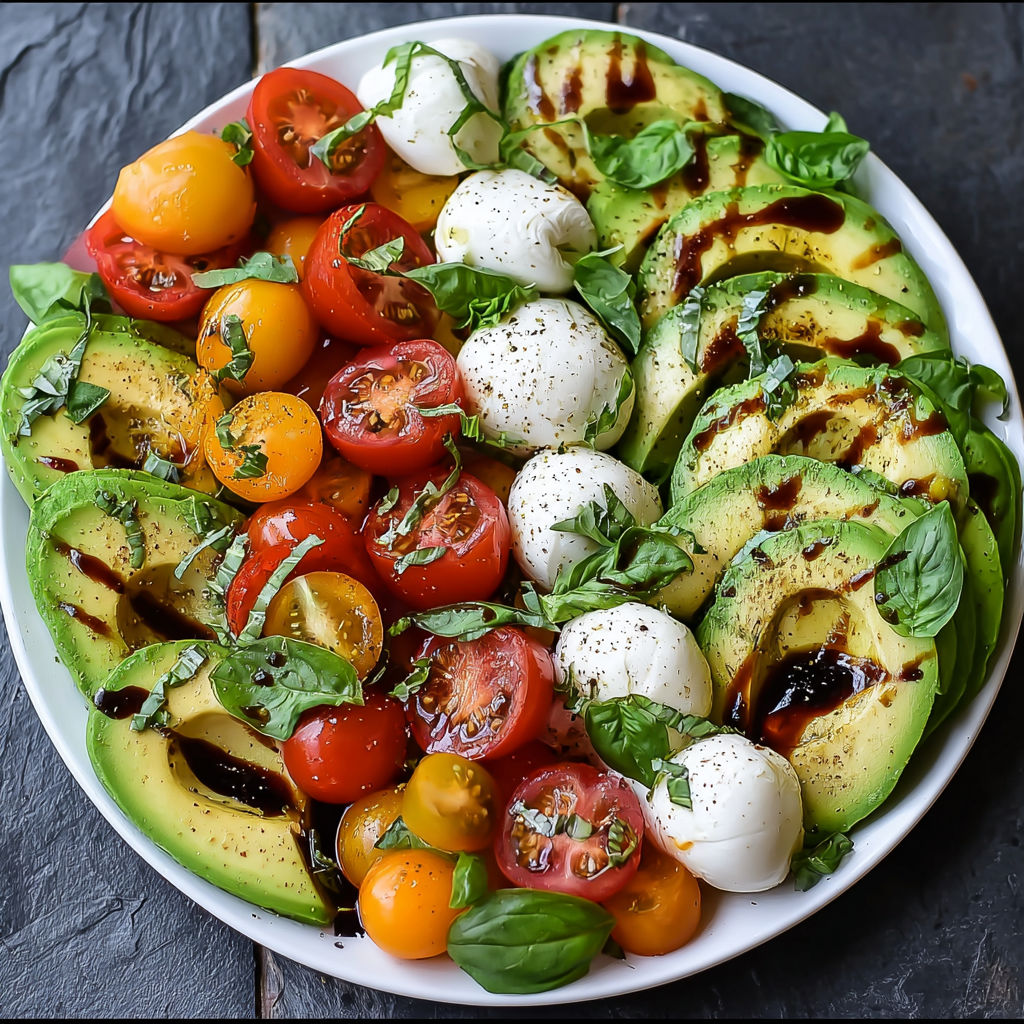 A plate of food with tomatoes, mozzarella cheese, and avocado.