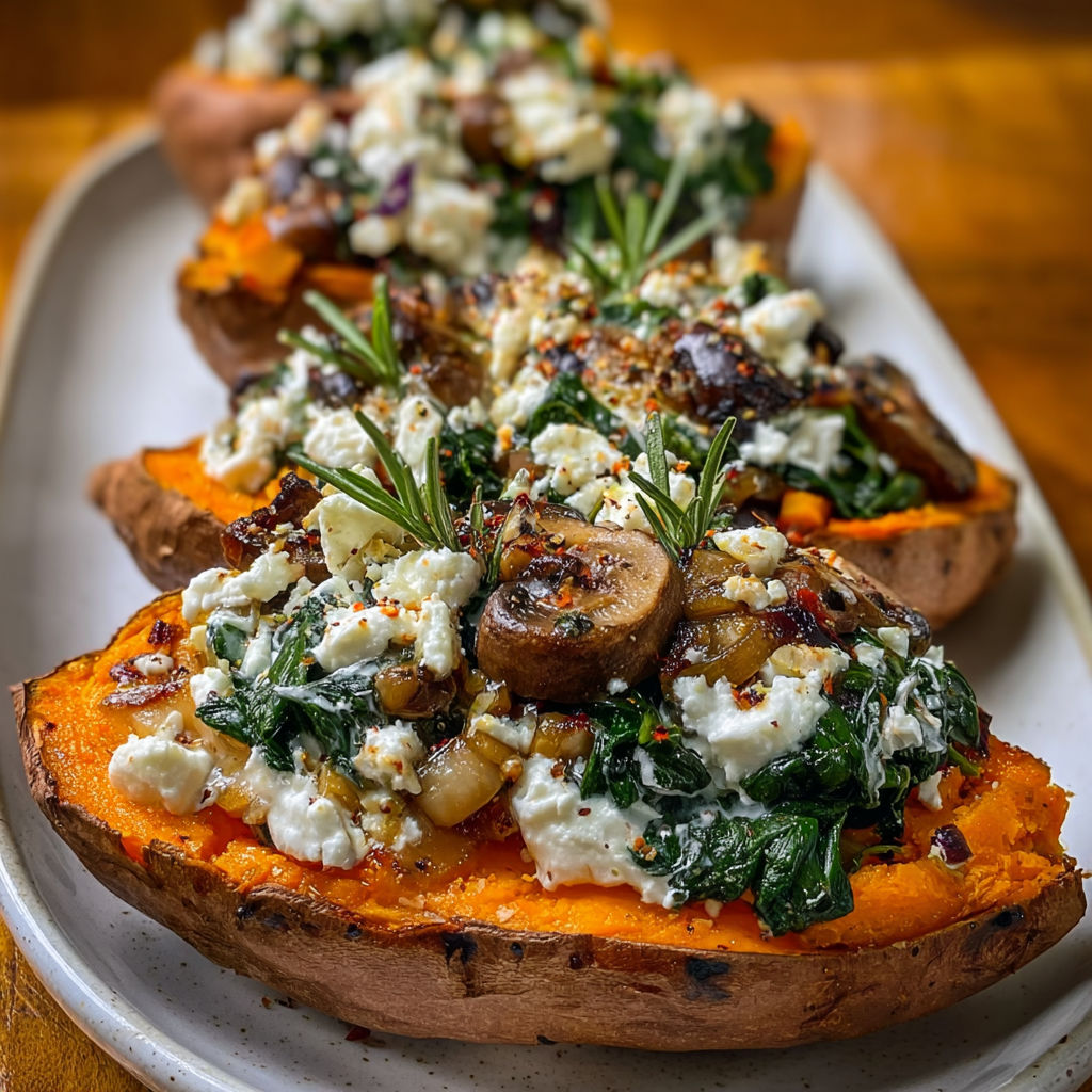 Sweet potatoes with spinach, feta and yogurt sauce.
