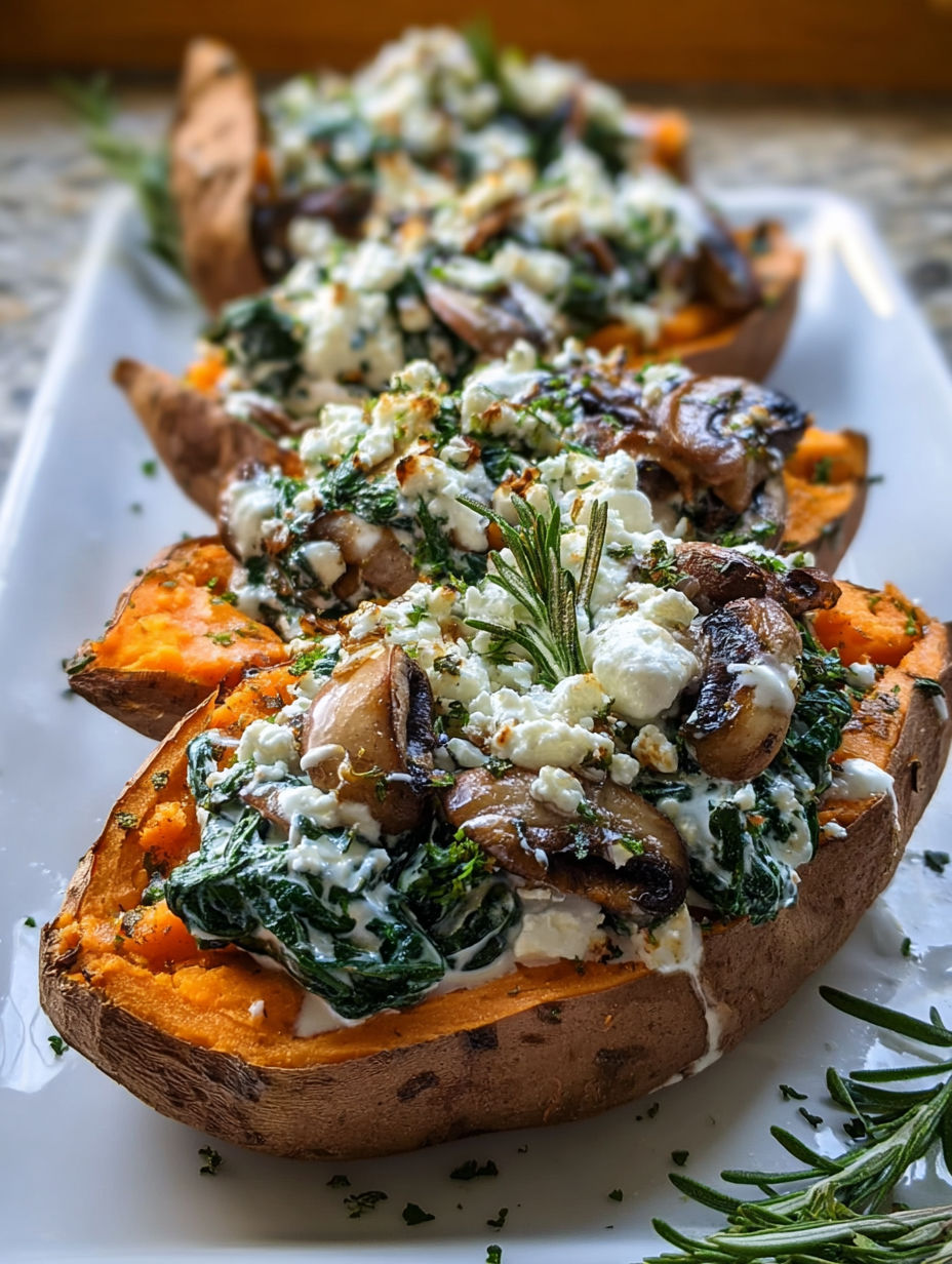 Stuffed sweet potatoes with spinach, feta and yogurt sauce.