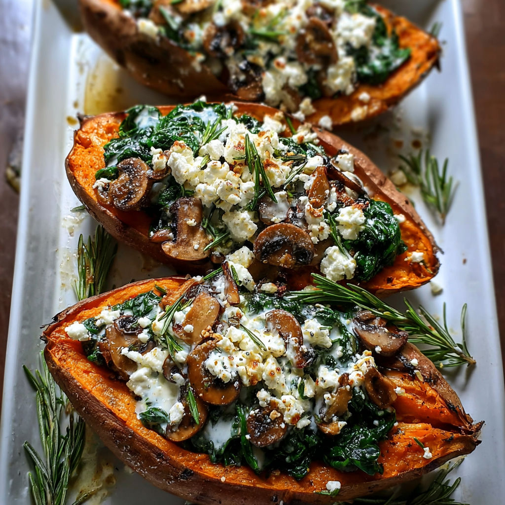 Three stuffed sweet potatoes with spinach, feta and yogurt sauce.
