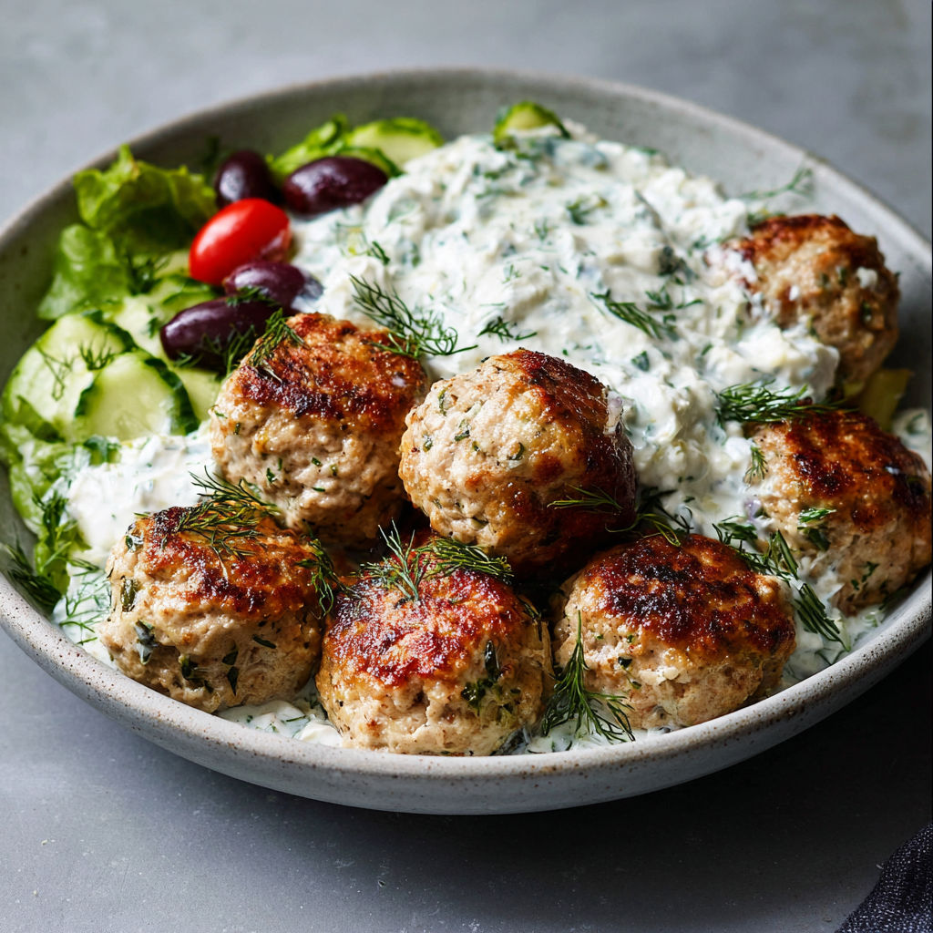 A bowl of meatballs with a side of tzatziki sauce.