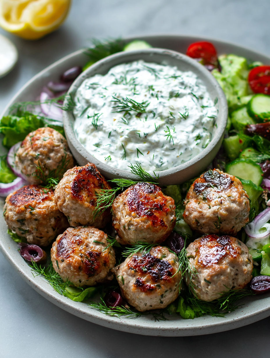 A plate of meatballs with a bowl of sauce.