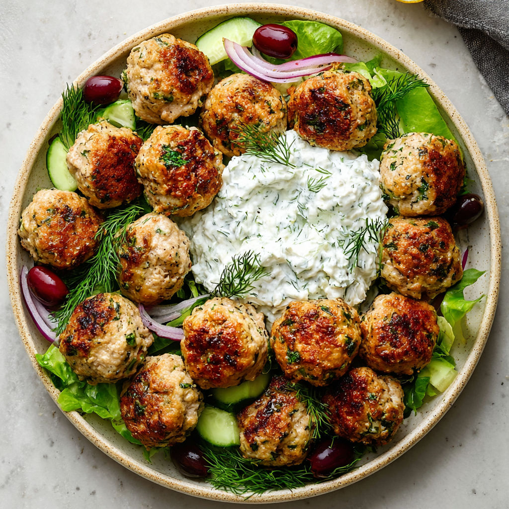 A plate of food with meatballs and a white sauce.