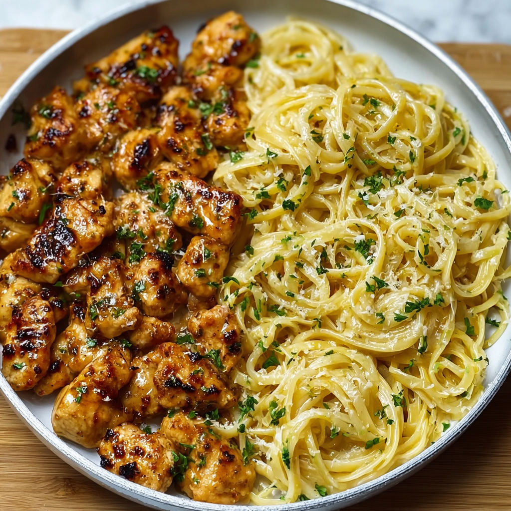 A plate of chicken and pasta.
