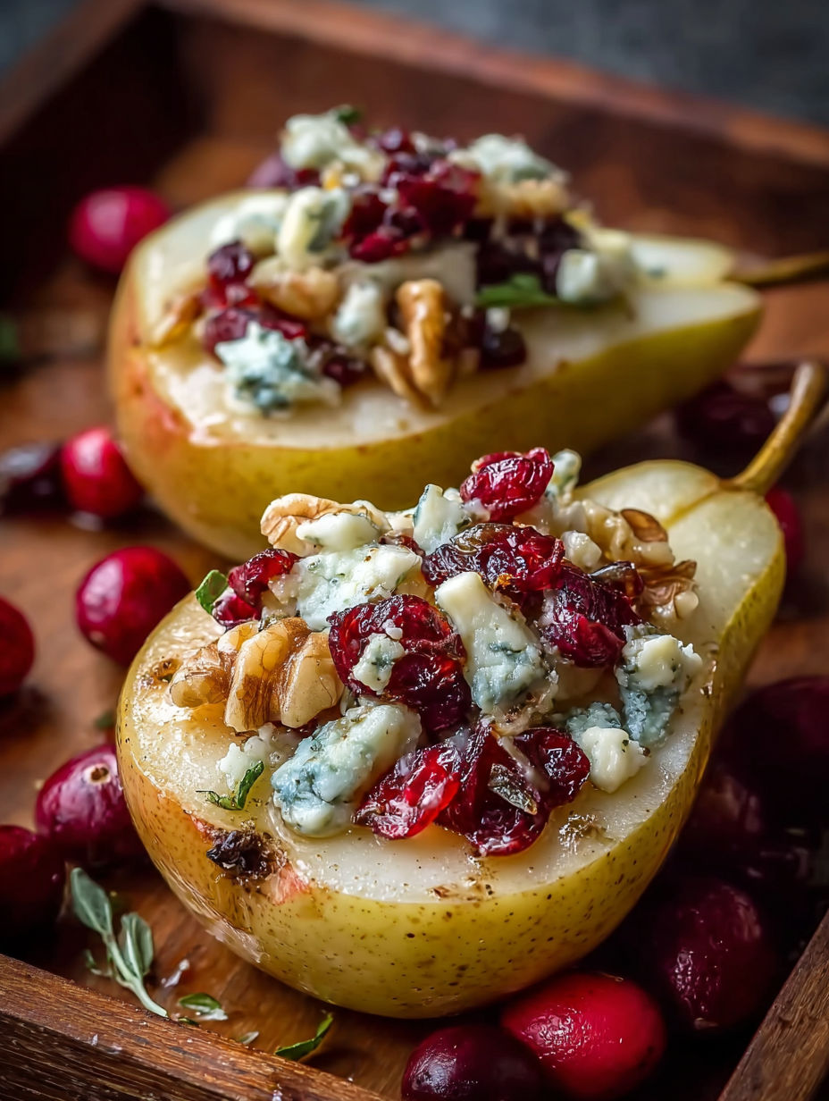 Two baked pears with cranberries, honey, walnuts and blue cheese.