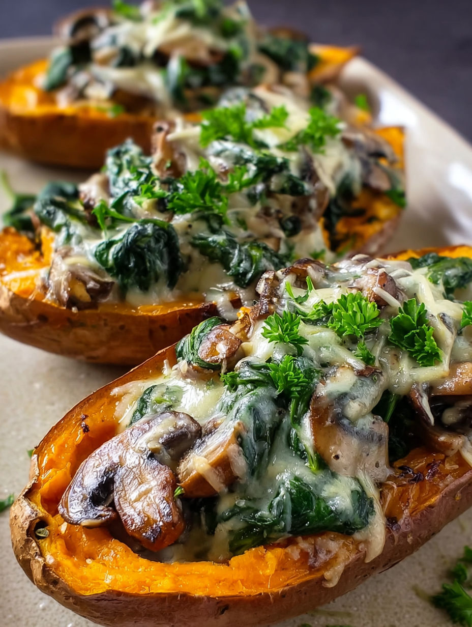 A plate of sweet potato boats with mushrooms and spinach.