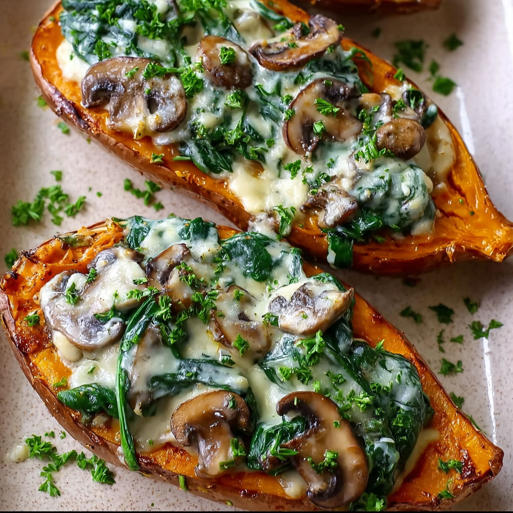 Two slices of sweet potato with mushrooms and spinach.