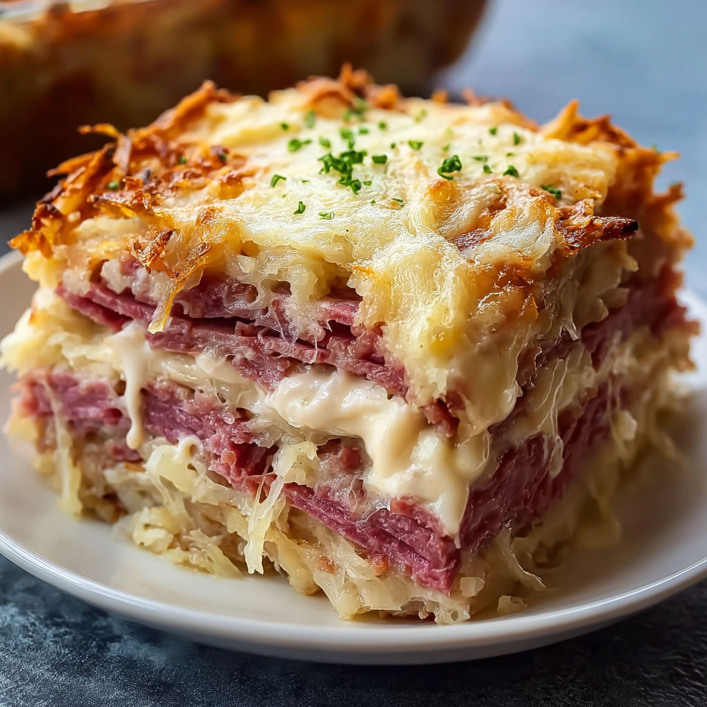 A Reuben sandwich with layers of corned beef, sauerkraut, and Swiss cheese.