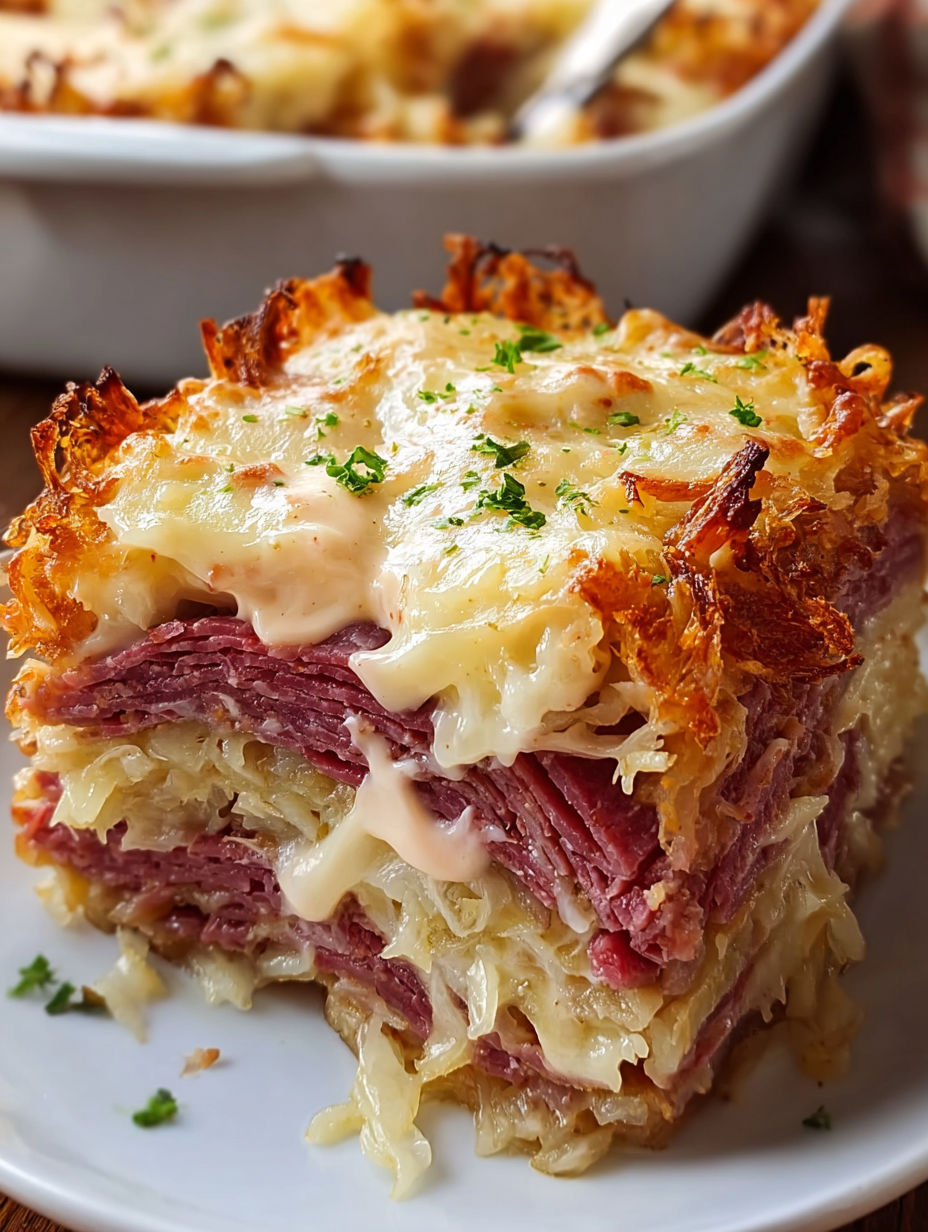 A Reuben sandwich with layers of corned beef, sauerkraut, and Swiss cheese.