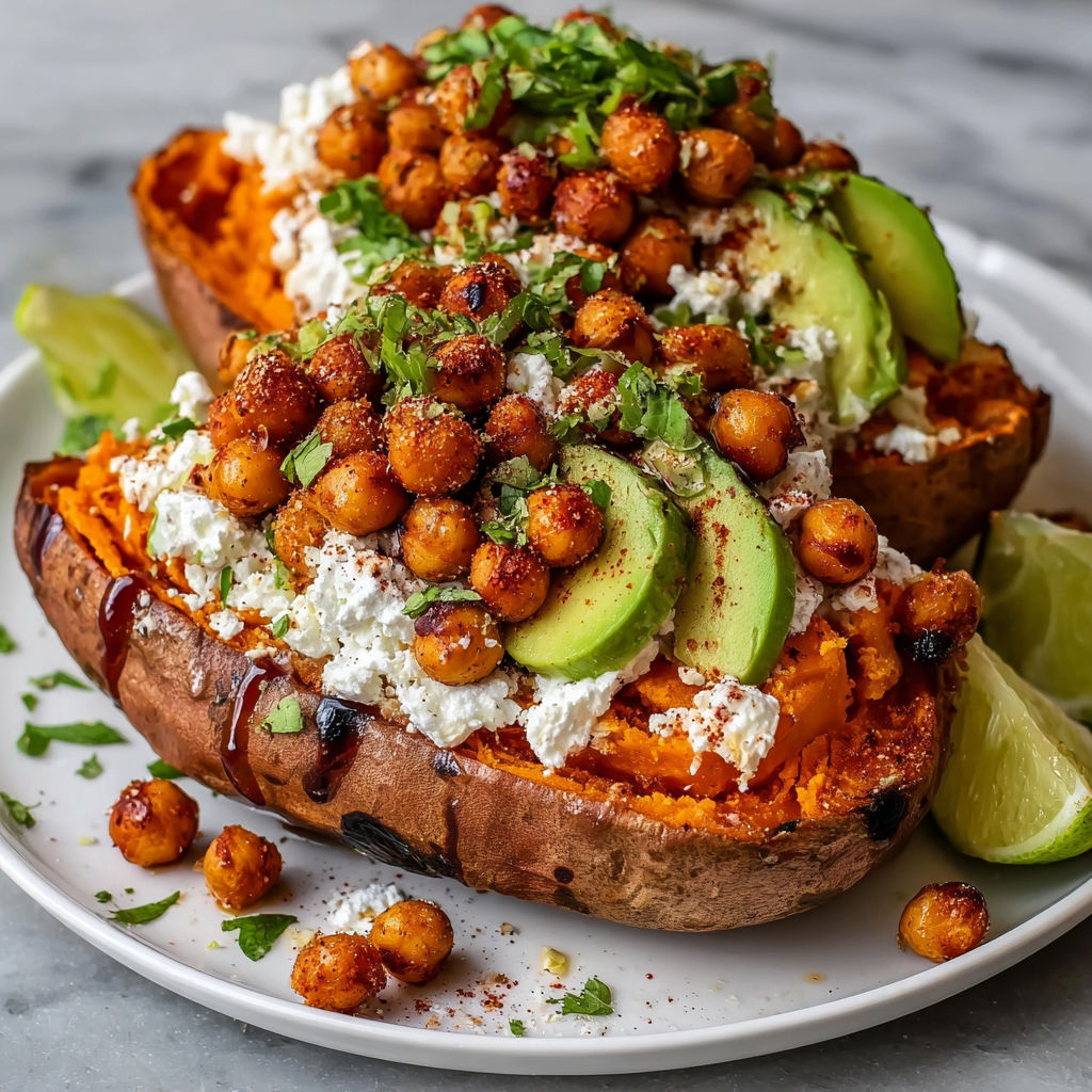 A plate of roasted sweet potatoes with chickpeas and a spicy lime honey drizzle.