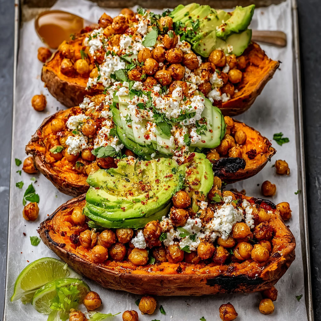 A plate of roasted sweet potatoes with chickpeas and a spicy lime honey drizzle.
