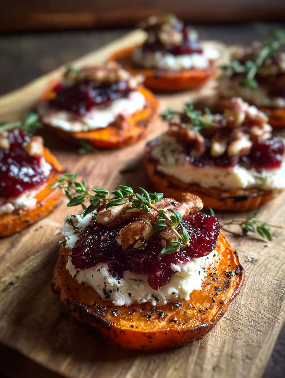 Sweet potato rounds with cranberry and cream cheese.