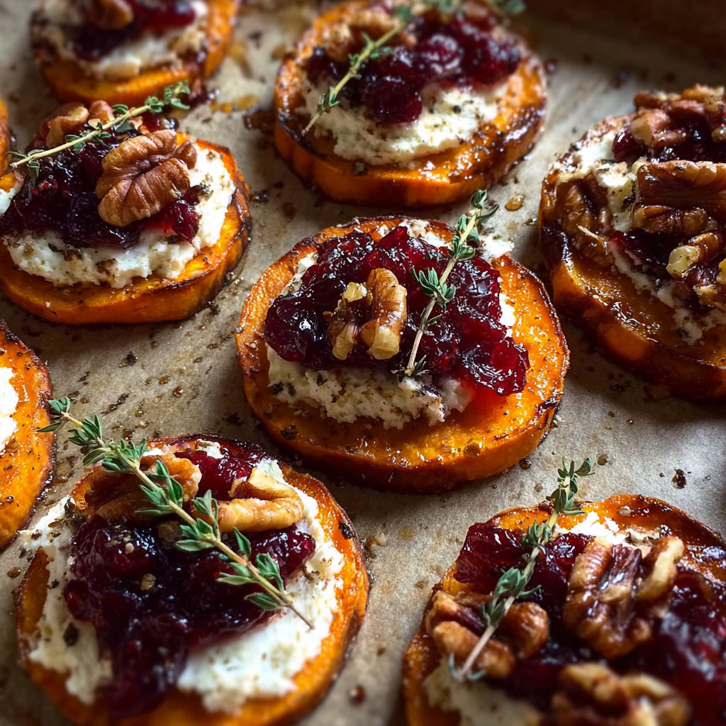 Sweet potato rounds with cranberry and cream cheese.