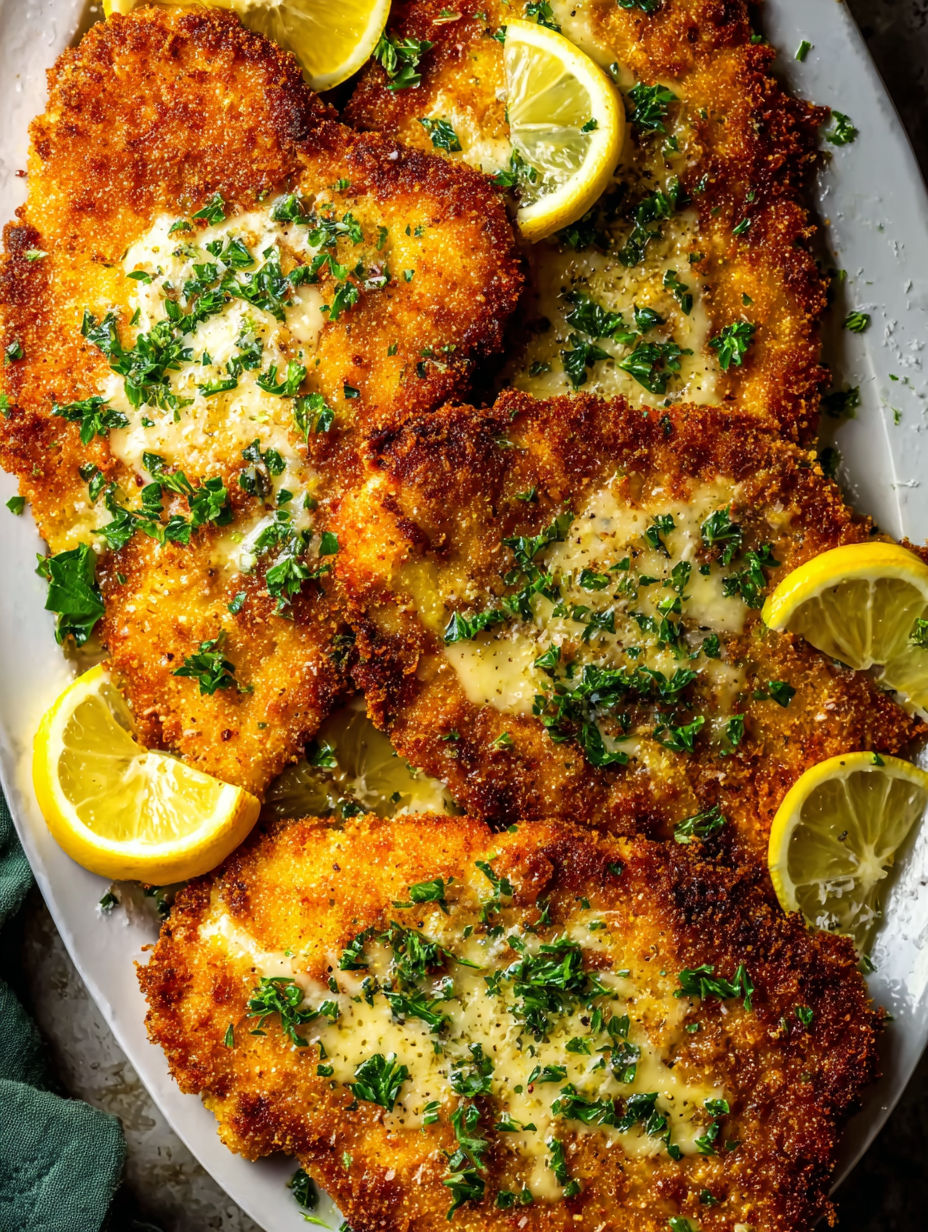 Crispy chicken cutlets with lemon garlic butter sauce.